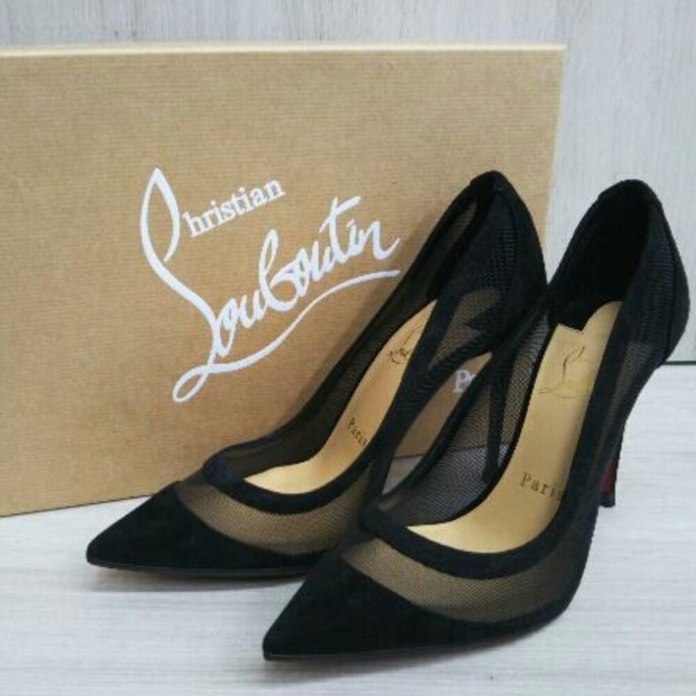 Christian Louboutin Galativi 100 mm Pointed Toe Pumps in Black Velour Mesh 36.5